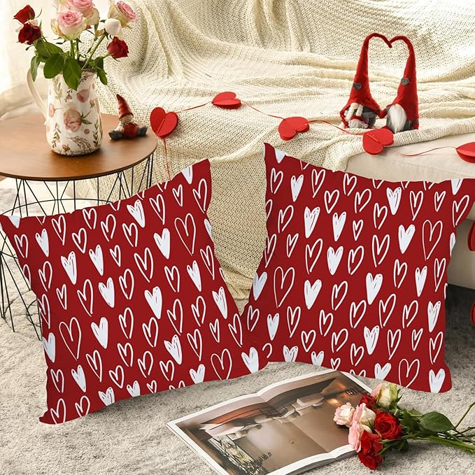 Fukeen 2 Pack Waterproof Outdoor Valentines Day Pillow Covers 24x24 Inch White Red Love Heart Holiday Throw Pillow Cases Romantic Valentine Farmhouse Decorations Cushion Cover Double Sided