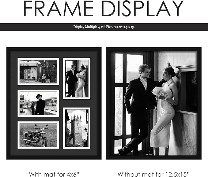 12.5x15 Collage Picture Frame, 4x6 Collage Picture Frame, Displays Five 4x6 inch Photos, Wall Decor Wall Hanging or Tabletop, Black Mat.
