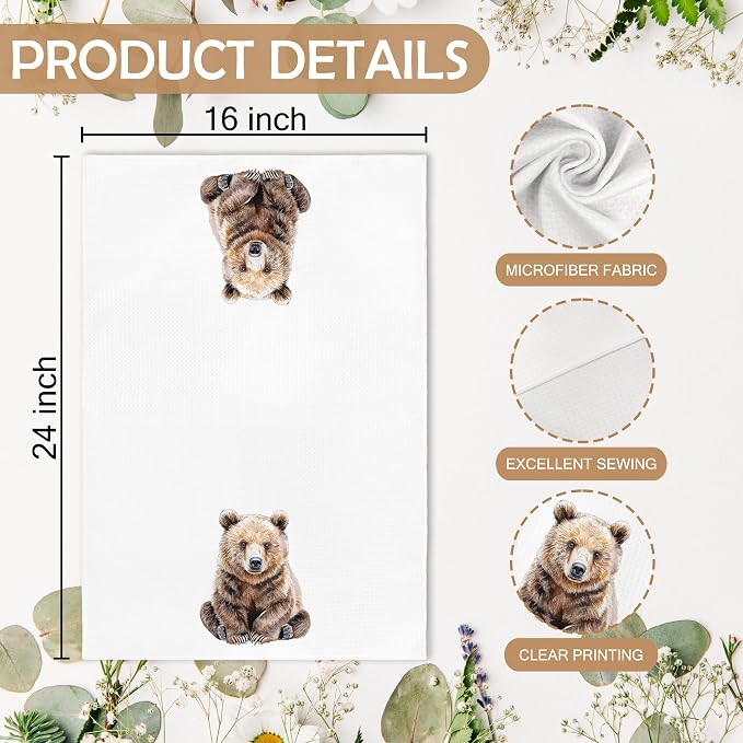 Funny Bear Kitchen Towels and Dishcloths Sets of 2, Bear Decor Gifts, Woodsy Rustic Cabin Lodge Forest Mountain Nursery Camper Home Decor Dish Hand Tea Towels for Bathroom Kitchen, 16x24 Inch