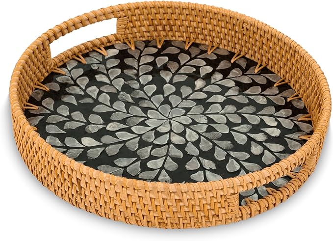KOLWOVEN Round Rattan Tray with Handle, Rattan Serving Tray with Mother of Pearl Inlay Wooden Base, Decorative Wicker Basket for Table (Black- White Leaves)