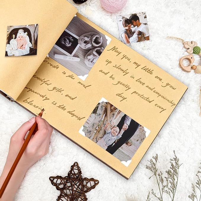 Personalized Baby Memory Book，Wooden Keepsake Baby Memory Book Boys & Girls，Wooden Baby Keepsake Book for Newborn Baby Gifts