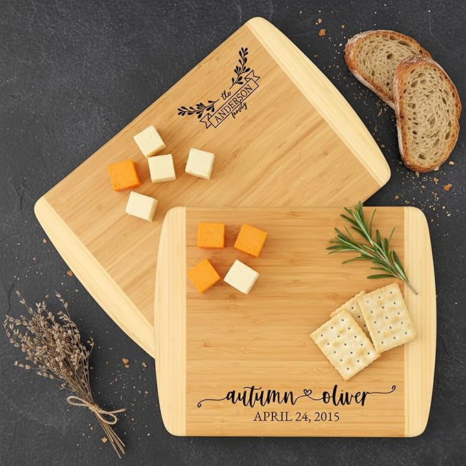 Personalized 2-Tone Cutting Board, Reversible Charcuterie Board, Double-Sided Bamboo Serving Board with Custom Engraving – 12 Design Options – Gift Wrap, Card & Mineral Oil Finish Add-Ons