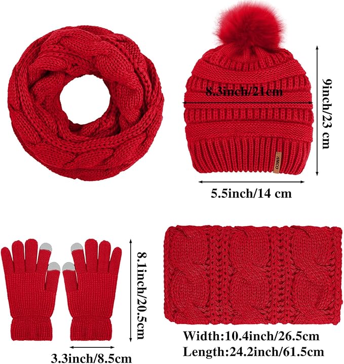Aneco Womens Winter Warm Sets Knitted Fur Pompoms Beanie Hat Circle Loop Scarf Touch Screen Gloves Winter Favor Accessories