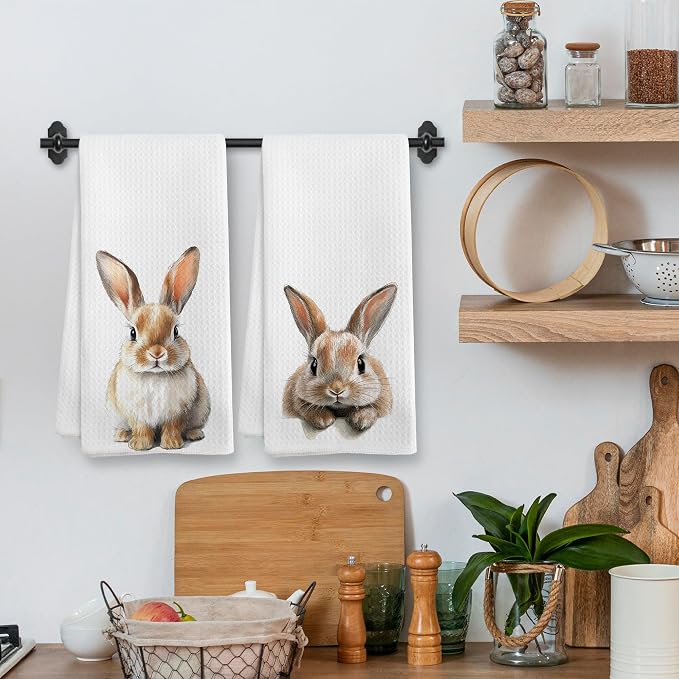 Funny Bunny Rabbit Kitchen Towels and Dishcloths Sets of 2, Bunny Nursery Decor Gifts, Fall Woodsy Rustic Forest Farm Nursery Decor Dish Hand Tea Towels for Home Bathroom Kitchen, 16x24 Inch