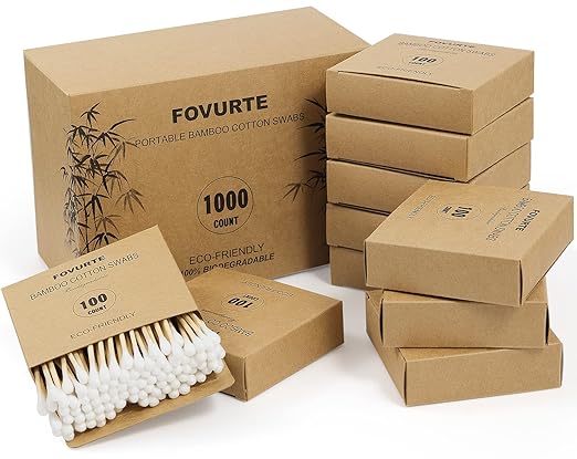Bamboo Cotton Swabs 1000 Count - Natural Cotton Swab with Round Head Tips, Double Tipped Ear Sticks, Wooden Cotton Buds for Cleaning Travel Makeup
