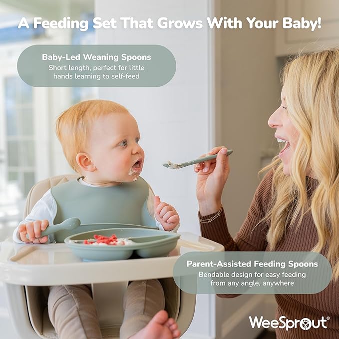 WeeSprout Baby Led Weaning Bundle, Silicone Suction Bowl, Spoons, Bib & Cup, Develops Self Feeding Skills, Dishwasher Safe (Purple)