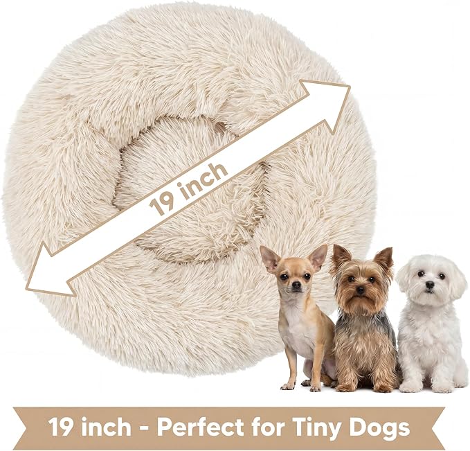 Calming Donut Small Dog Bed for Chihuahua Yorkie Maltese Shih Tzu | 19 Inch Washable Puppy Bed,Ultra Soft Faux Fur Round Dog Bed,Beige