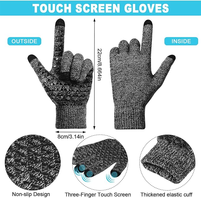 Winter Fleece Lined Beanie Hat Scarf Sock Touchscreen Gloves Set for Men Women