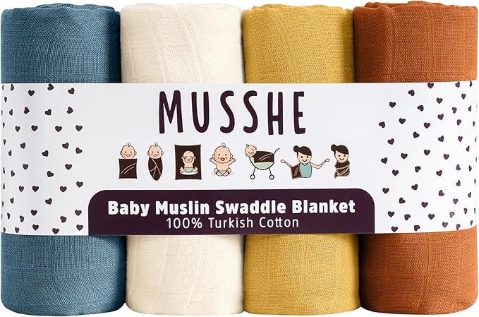 Muslin Swaddle Blankets - 4 Pack, 100% Organic Turkish Cotton Baby Blankets, Soft & Breathable Newborn Swaddles, Baby Wrap for Boys & Girls, Ideal for Sensitive Skin (4 Pcs, 40x40 Inch)