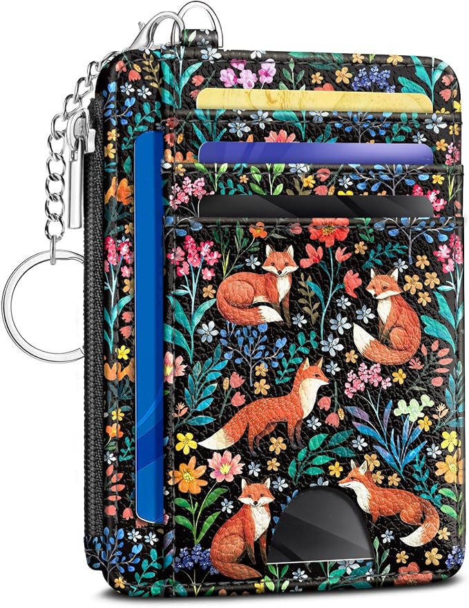 Kelvoris Credit Card Holder Small Wallet Women, Slim RFID, Fox Flowers | Keychain, Zipper Coin Pocket, Front Pocket Thin Travel Card Case, Minimalist, 6 Card Slots, 1 ID Window, Ladies Gifts Woman