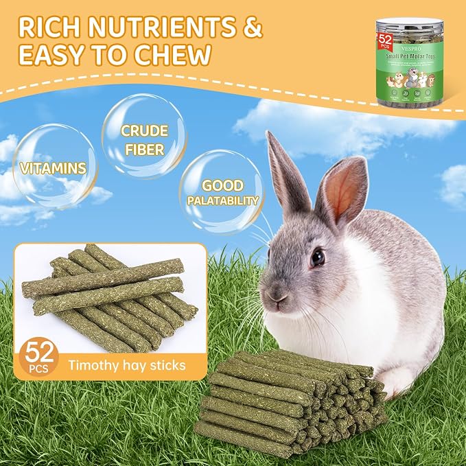 52Pcs Rabbit Chew Sticks, Guinea Pig Toys, Natural Timothy Hay Teeth Stick | Timothy Grass Molar Teeth Stick, Guinea Pig Timothy Hay, Chew Toys for Bunny, Rabbits, Hamsters, Small Animals Treats