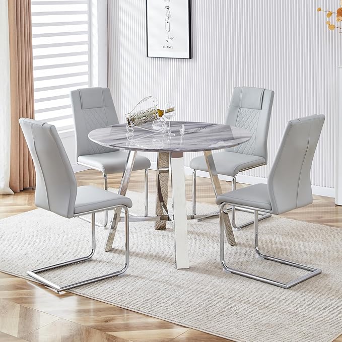 Round Dining Table Set for 4, Modern Kitchen Dining Table and Chairs Set for 4,5 Piece Dining Room Table Set,Round Faux Marble Table with 4 PU Leather Chairs for Small Space Kitchen Office