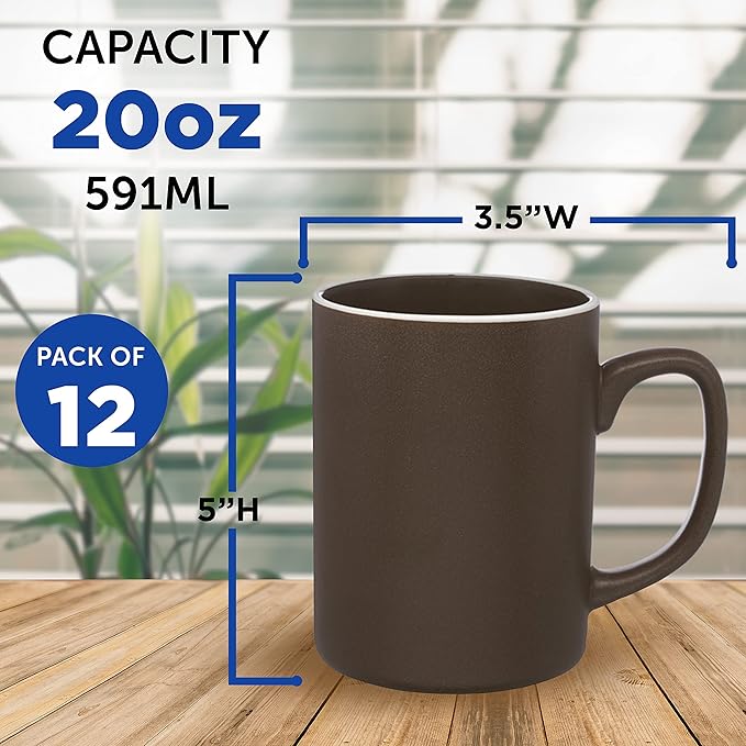 DISCOUNT PROMOS El Grande Matte Ceramic Mugs 20 oz. Set of 12, Bulk Pack - Perfect for Tea, Espresso, Cappuccino, Hot Cocoa - Dark Brown