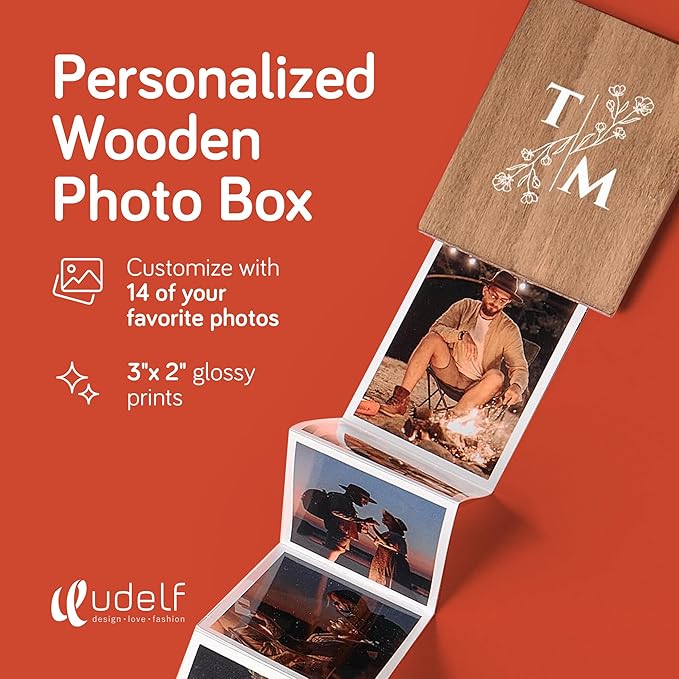 udelf Personalized Wooden Keepsake Box with Initials – 10 Pull-Out Photos, 3"x2", Wedding & Anniversary Memory Storage (Initial-Vertical)