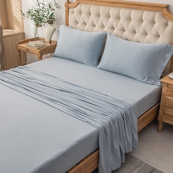 PURE ERA Jersey Knit 4pc Bed Sheet Set 100% T-Shirt Cotton Super Soft Comfy Breathable Fits Mattress Up to 20" Extra Deep Pocket (Solid Light Blue, Queen)