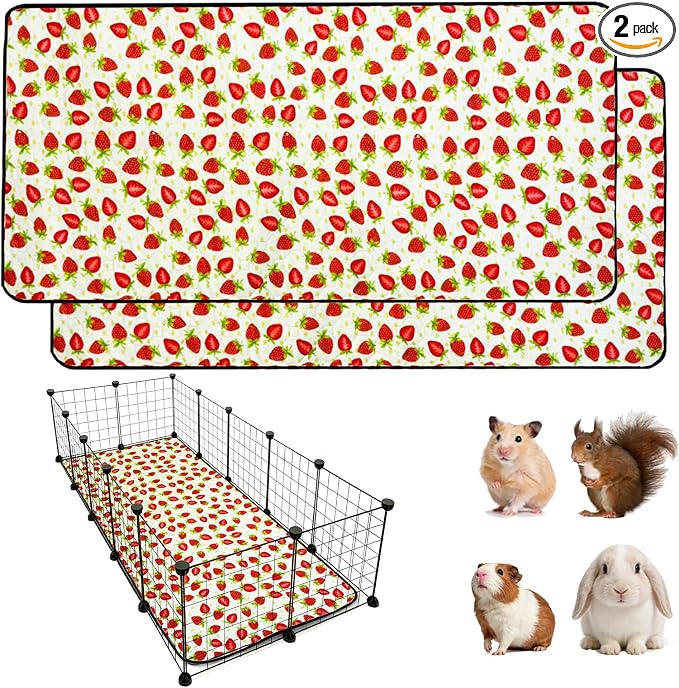 2 Pack Guinea Pig Cage Liners, 24"x60" Washable Waterproof Bedding for Rabbit, Bunny, Hamster & Small Animals, Reusable Super Absorbent Pee Pads for C&C Cage, Strawberry Print