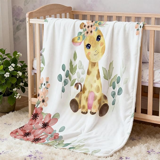 Personalized Baby Blanket with Name, Customized Soft Animals Flannel Blankets for Newborn Boys Girls and Toddlers, for New Mom, Infant Birthday Gift, Giraffe-1