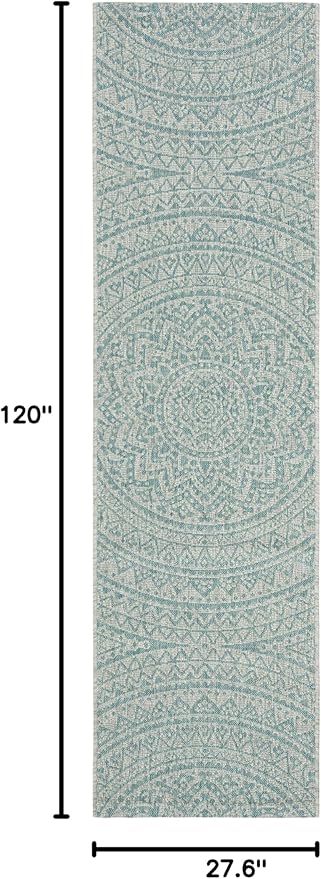 SAFAVIEH Washable Rug Outdoor Courtyard Collection - 2'3" x 10' Runner, Light Grey & Aqua Blue, Non-Shedding & Easy Cleaning, Ideal for Patio, Entryway, Mudroom, Hallway, Kitchen (CY8734-37112)