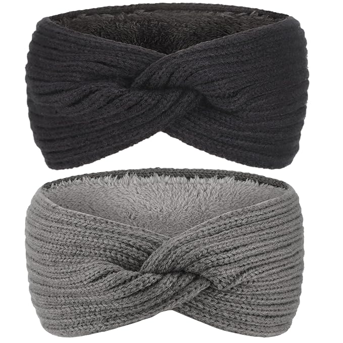 AQOKKA Knit Winter Headbands for Women Fuzzy Wool Fleece Lined Ear Warmers Elastic Turban Crocheted Head Wrap Winter Accessories for Women Cold Weather