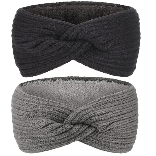 AQOKKA Knit Winter Headbands for Women Fuzzy Wool Fleece Lined Ear Warmers Elastic Turban Crocheted Head Wrap Winter Accessories for Women Cold Weather