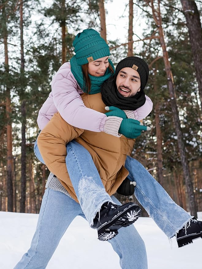 Winter Beanie Hat Scarf Gloves, Warm Fleece Knit Hats Touch Screen Gloves Neck Scarf Set Winter Gifts for Unisex Adult