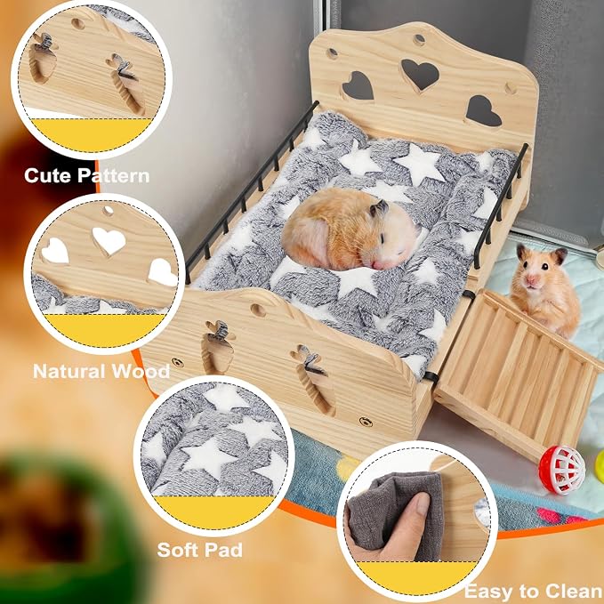 Wooden Bunny Bed 2 in 1 Rabbit Guinea Pig Bed Small Animal Bed with Stairs | With Detachable Stairs Washable Reversible Mat Guinea Pig Toys for Bunnies Chinchillas Hamster Ferret Small Rabbits Bunny