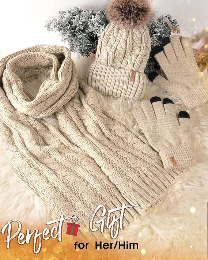FURTALK Womens Winter Hat Gloves Scarf Set Fleece Knit Pom Beanie Warm Neck Warmer Touchscreen Gloves 3 in 1 Gift Set