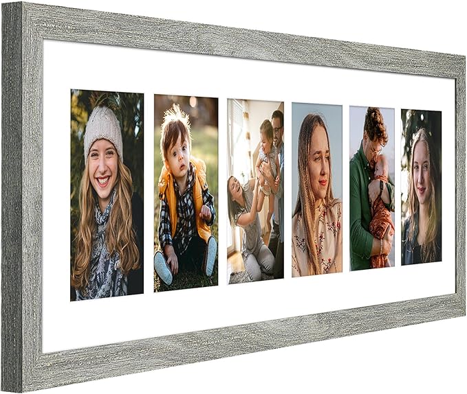 8x26 Collage frame with 6 Openings 4X6 Pictures, Multiple Picture Frame with Mat, Wall or Tabletop Decor, Grey Wood Grain (1 Pack)