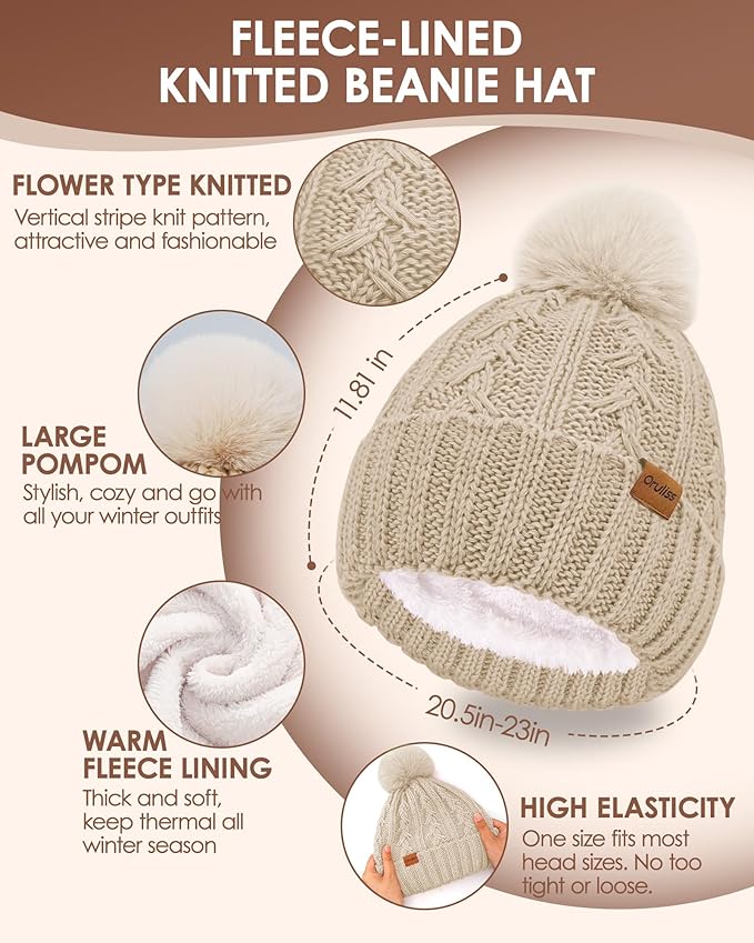 Womens Winter Beanie Hat Scarf Gloves Set, Fleece Lined Knitted Hat with Pompom Long Scarf Touchscreen Mittens for Women Men