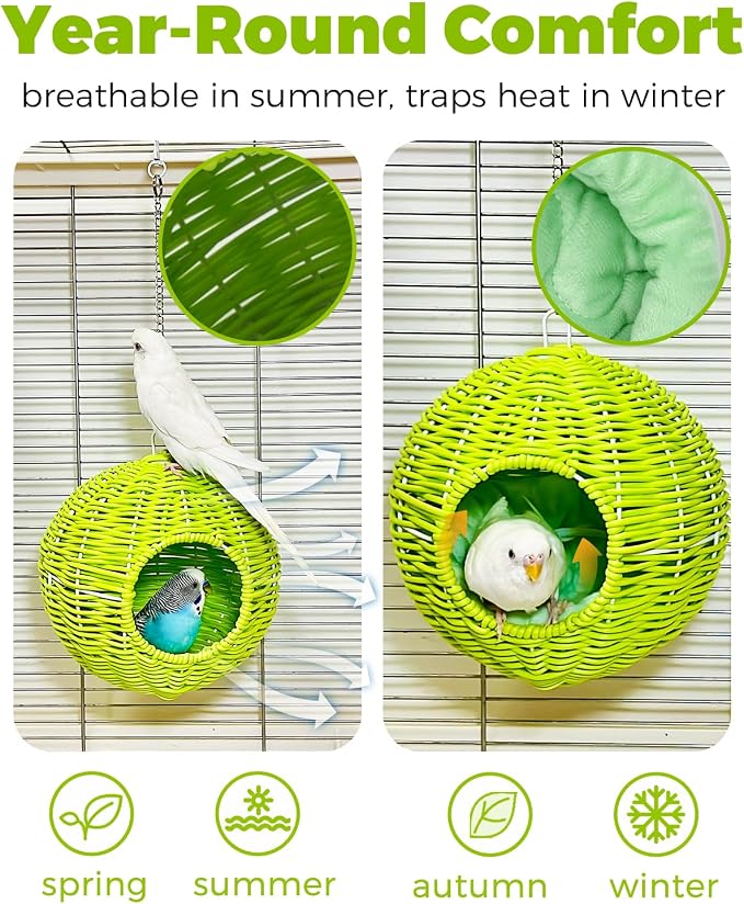 Chewproof Steel Frame Bird Nest for Cage, Washable Small Bed Hammock | Bird Hideout Lay Eggs Parakeet Nest Sleep Rest, Parakeet Warm Bed House Hut for Lovebird, Canary, Budgie, with Cushion