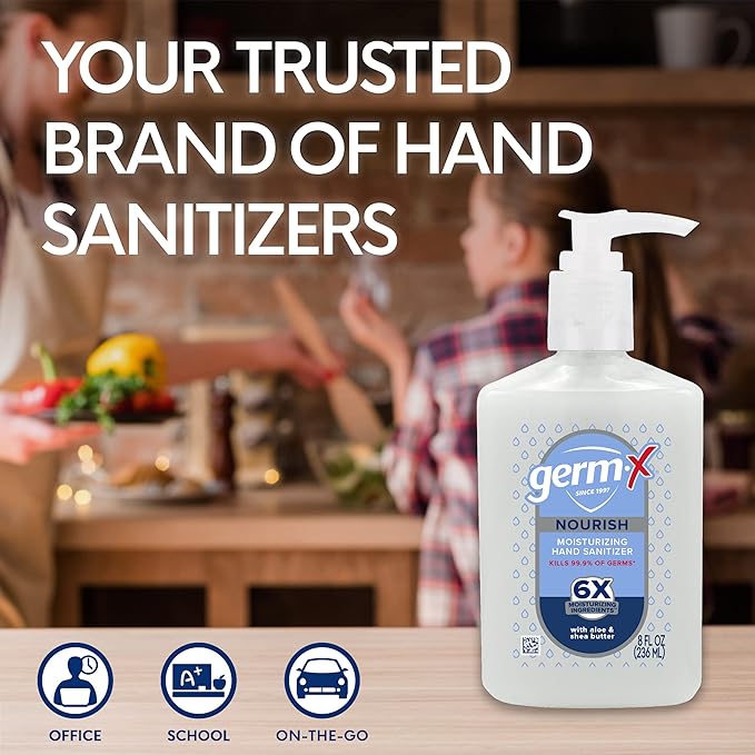 Germ-X Nourish Hand Sanitizer, 8 Fl Oz (Pack of 6), 2-in-1 Moisturizing and Sanitizing Formula with Shea Butter, Vitamin E & Aloe, Non-Greasy, Fresh Scent, Pump Bottle