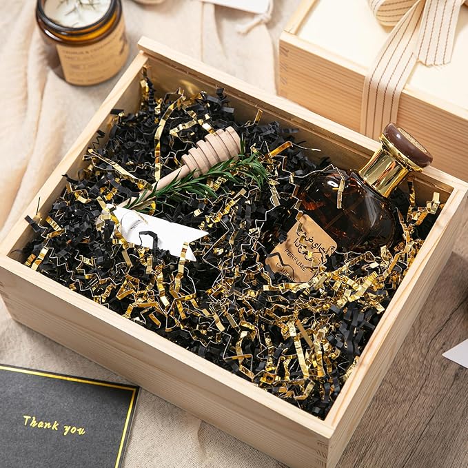 Mefleet 1/2 LB Crinkle Cut Paper Shred Filler 8 oz Black & Gold Crinkle Shredded Paper for Gift Box - Gift Basket Bag Filler - Grass Cushion Stuffing for Easter, Mother's day, Birthday Packaging Wrapping