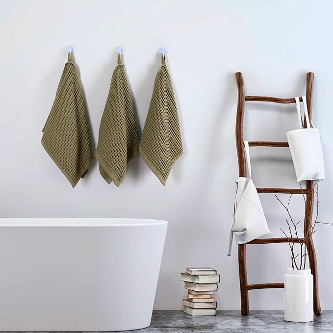 PÜSKÜL - Set of 3 Organic Waffle Hand Towel Khakie - Premium Quality, 100% Turkish Cotton, Soft, Quick-Dry, Absorbent, Lint-Free Face Kitchen Hand Towels (Khaki Green, Hand Towels - Pack of 3)