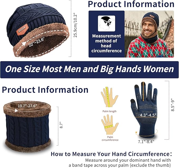 MAYLISACC Winter Knit Beanie Hat Neck Warmer Scarf and Touch Screen Gloves Set 3 Pcs Fleece Lined Skull Cap for Men Women