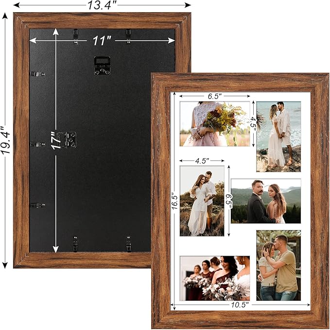 11x17 Picture Frame Display 6 picture frame collage 4x6,Multi Photo Frame with Mat,Plexiglass,Wall Mount Decor,Carbonized Brown Wood Grain