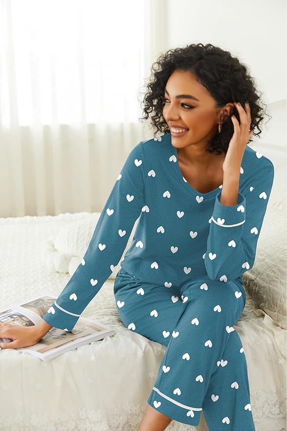 Ekouaer Womens 2 Pack Pajama Set Long Sleeve Pajamas Top and Pants V Neck Pjs Set Soft Loungewear with Pockets