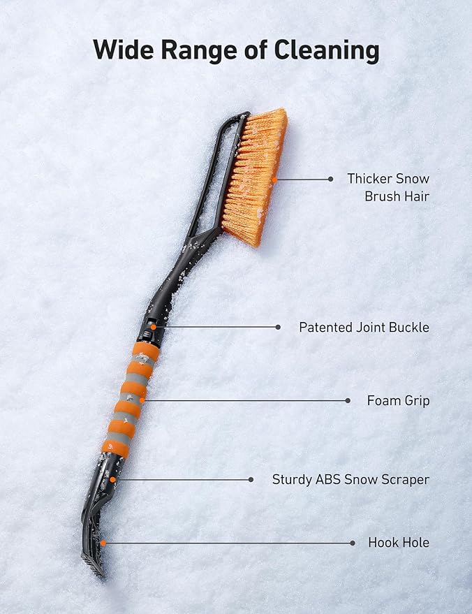 AstroAI 2 Pack 27" Snow Brush and Ice Scrapers for Car Windshield, Detachable Snow Scrapers with Ergonomic Foam Grip for Cars, Trucks, SUVs (Heavy Duty ABS, PVC Brush, Orange)