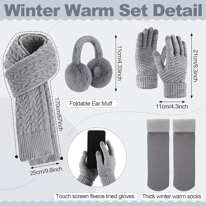 Geyoga 6 Pcs Winter Warm Set for Women Warm Beanies Hats Touchscreen Gloves Long Scarf Ear Muffs Socks Winter Gifts for Women