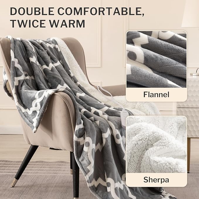 VENTIMI Electric Heated Blanket Throw, Heating Blanket with 5 Heat Settings & 3 Hours Auto-Off Timer, Warm Flannel Sherpa Heated Throw for Winter, Overheat Protection, 50’’×60’’, Machine Washable
