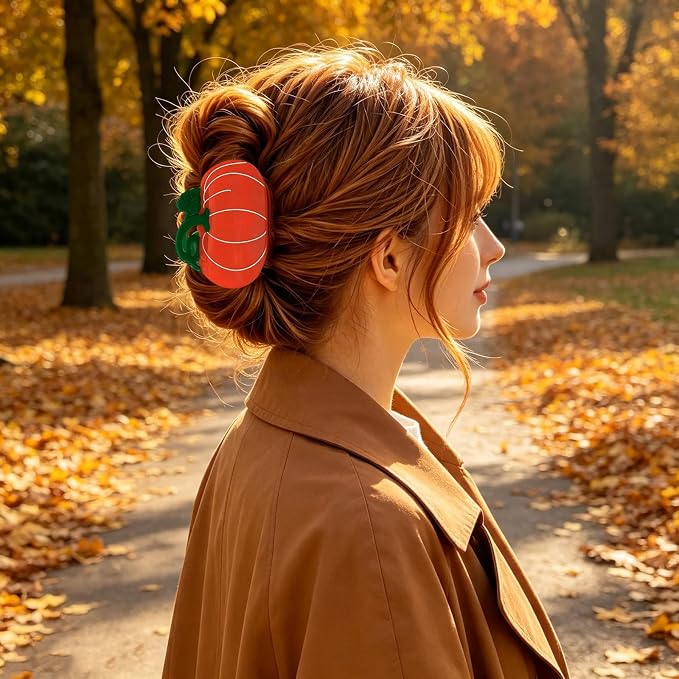 Cute Pumpkin Hair Clips for Women Fall Hair Claw Clips Vegetable Jaw Clips | Orange Pumpkin Hair Clamp with Lines Leaf Thanksgiving Day Hair Barrettes Autumn Winter Daily Holiday Hairstyle Accessory