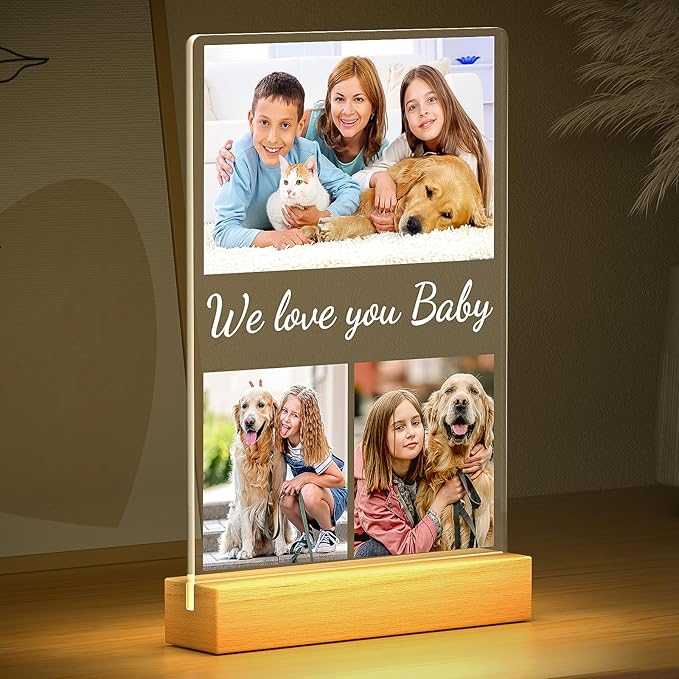Custom Collage Picture Frames with Photo, Personalized Photo Frame with Night Light, Personalized Picture Frame, Customized Christmas Birthday Gifts for Baby Kids Girls Boys Pet Friends Family