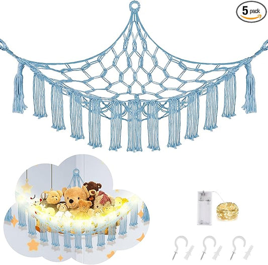 CERETIA Stuffed Animal Hammock with LED Light, Large Stuffed Animals Storage Corner Plushie Net for Kids Room Decor, Jumbo Baby Blue