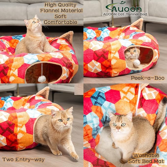 AUOON Cat Donut Tunnel with Bed for Kitten Puppy Rabbit Ferret, Orange | 2-in-1 Interactive Cat Toy, with Hanging Ball Toy, Machine Washable Center Pad, 36"L x 36"W x 10.7"H