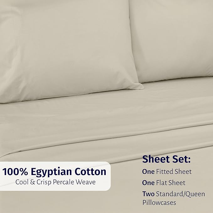 California Design Den Certified 100% Egyptian Cotton Sheets Full Size Bed - Lightweight Cotton Percale Sheets Full Size Set with Deep Pockets, Cool, Crisp & Durable Luxury Bedding Set - Beige