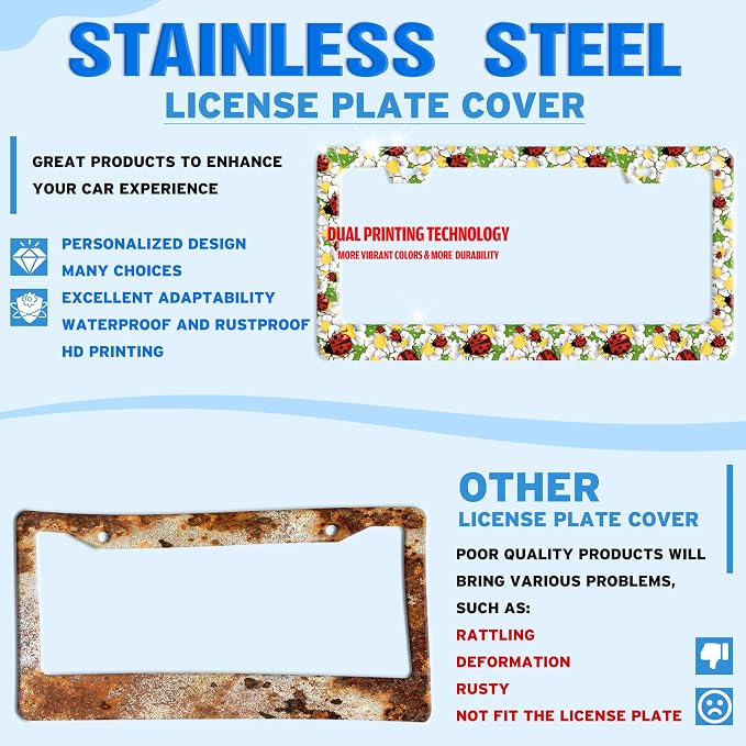 Red Black Ladybug Flowers License Plate Frame Stainless Steel 6 X 12 Inch | Fits US Standard With Screws Rust Resistant For Car Front Rear Decoration Accessories Easy Installation For Cars SUV Truck
