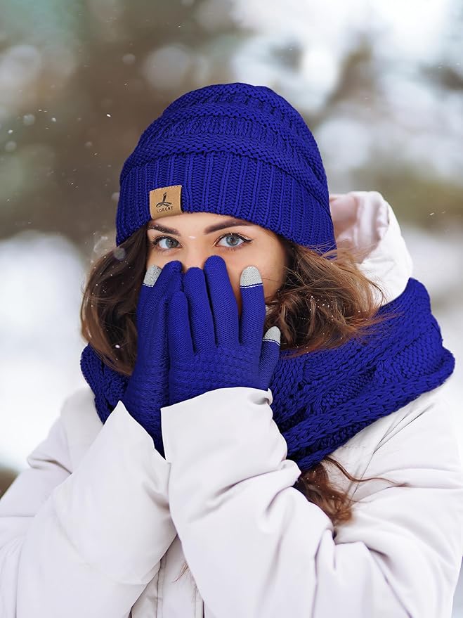 Winter Beanie Hat Scarf Gloves, Warm Fleece Knit Hats Touch Screen Gloves Neck Scarf Set Winter Gifts for Unisex Adult