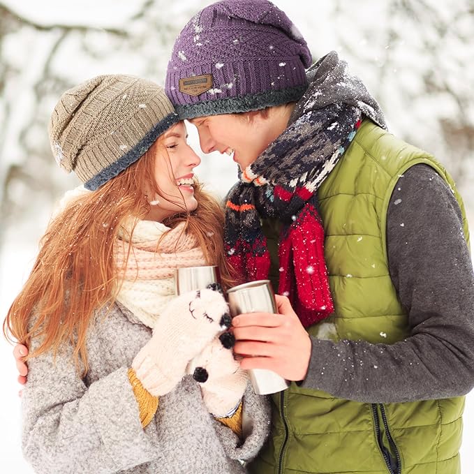 Winter Beanie Hat Circle Scarf Touchscreen Gloves Set, Snow Knit Skull Cap, Warm Thick Fleece Lined Neck Warmer for Men Women