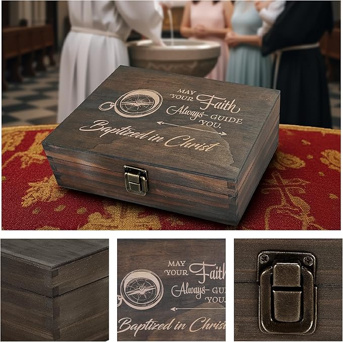 Engraved Baptism Memory Box – Wooden Keepsake Box for Christening Gifts, Baby Dedication, or First Communion – Medium Size – Dark Walnut Finish – 8.5 x 6 x 3 in