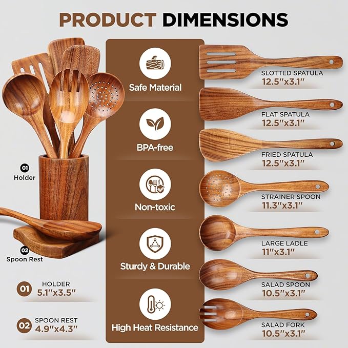 9Pcs Wooden Utensil Set with Holder and Spoon Rest - Natural Teak Wood Cooking Utensils Set, Heat Resistant and Non-stick Wooden Spoons for Cooking, Kitchen Utensils Set with Spatula