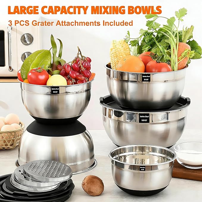 Umite Chef Mixing Bowls with Airtight Lids, 26Pcs Stainless Steel Bowls Set, 3 Grater Attachments & Black Non-Slip Bottoms Size 7, 4, 2.5, 2.0,1.5, 1QT, Great for Mixing & Serving